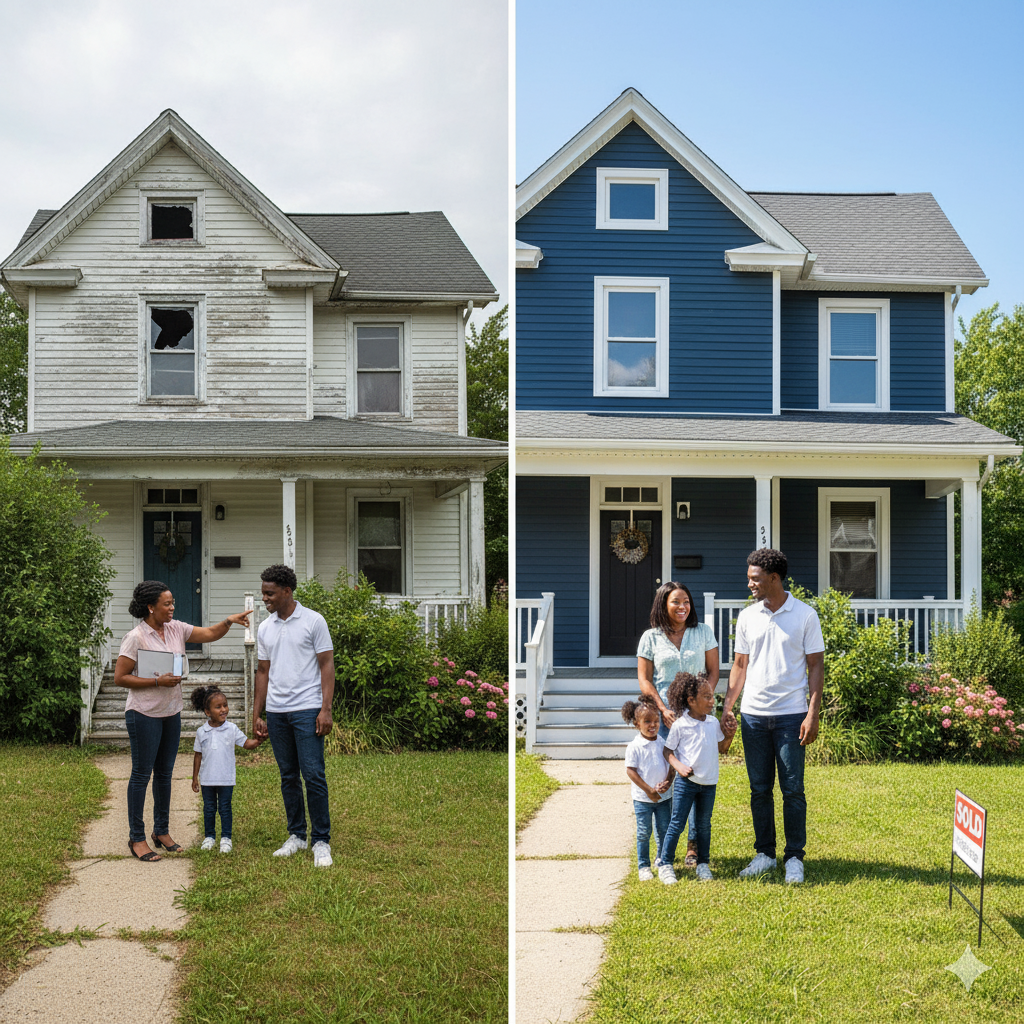 Before-and-after transformation of a Paterson home financed through a 203k mortgage in New Jersey