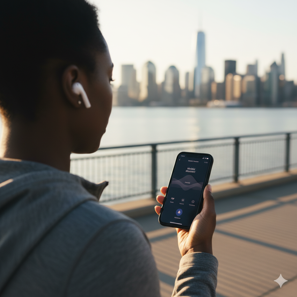 Founder mental health reset on a mindful walk along Jersey City waterfront.
