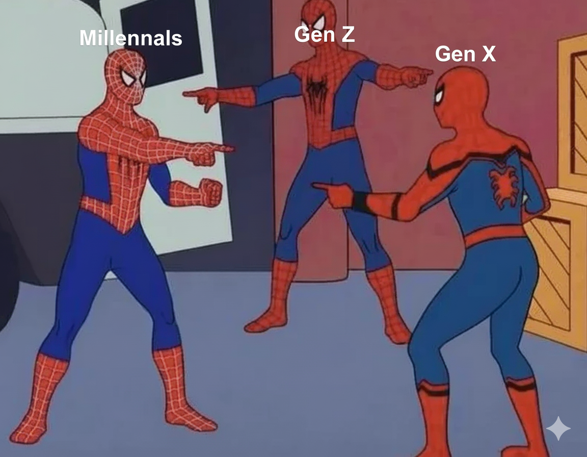 The "Three Spider-Men Pointing" meme, where three cartoon Spider-Man characters are in a standoff, each pointing at the other two. Text labels have been added above them. The Spider-Man on the left is labeled "Gen X," the one in the middle is labeled "Millennials," and the one on the right is labeled "Gen Z.