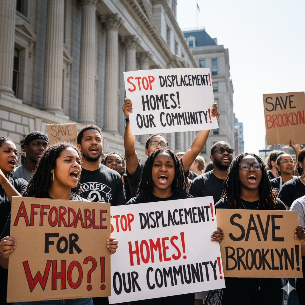 Brooklyn residents protesting rezoning and displacement during the affordable housing crisis in Brooklyn.