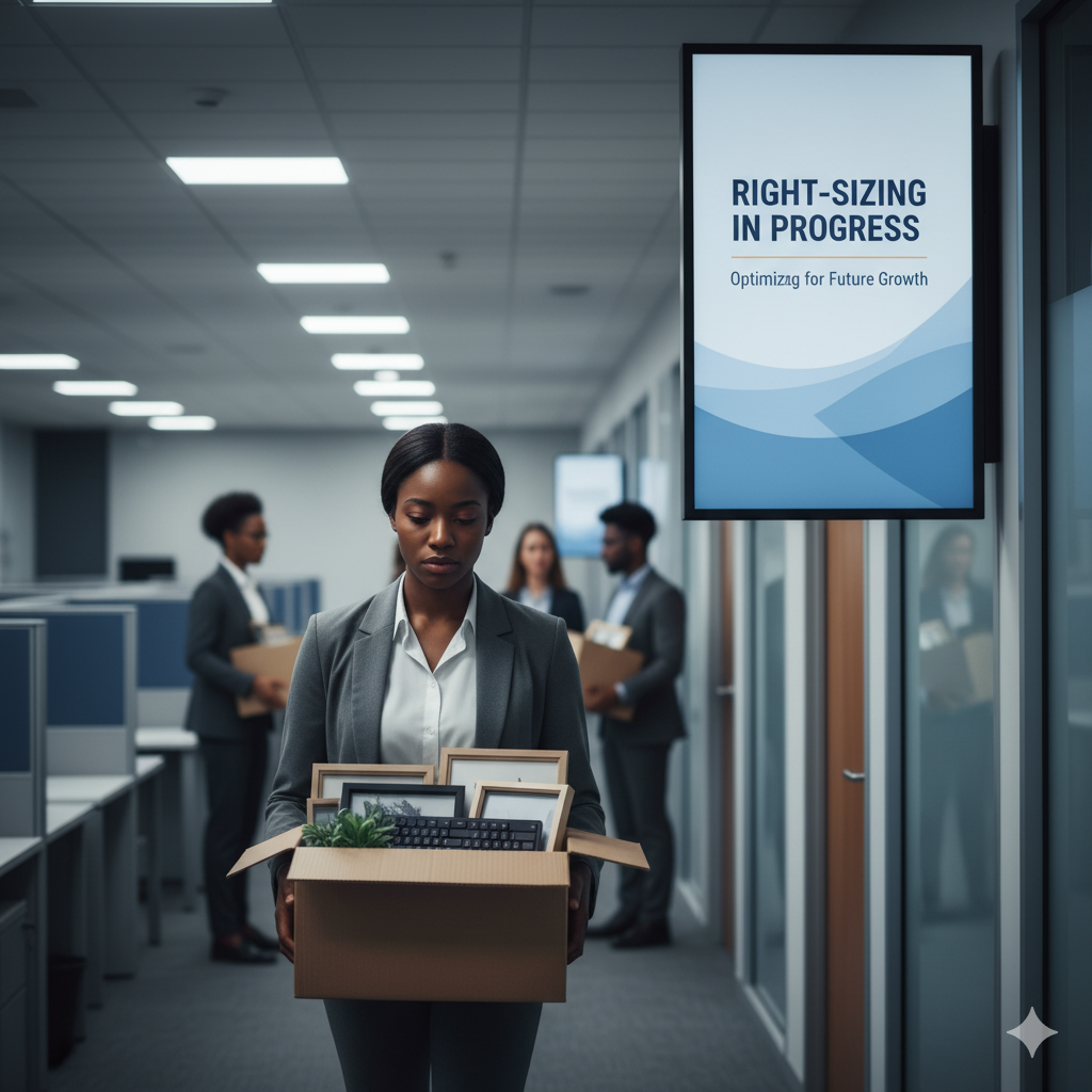 An upset worker carrying a box of belongings past a company sign that says “Right-Sizing in Progress,” exemplifying the human cost behind corporate layoff jargon.