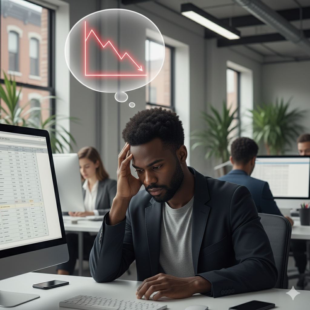 A young Brooklyn employee looking disheartened at work, illustrating the impact of low employee engagement on workers.