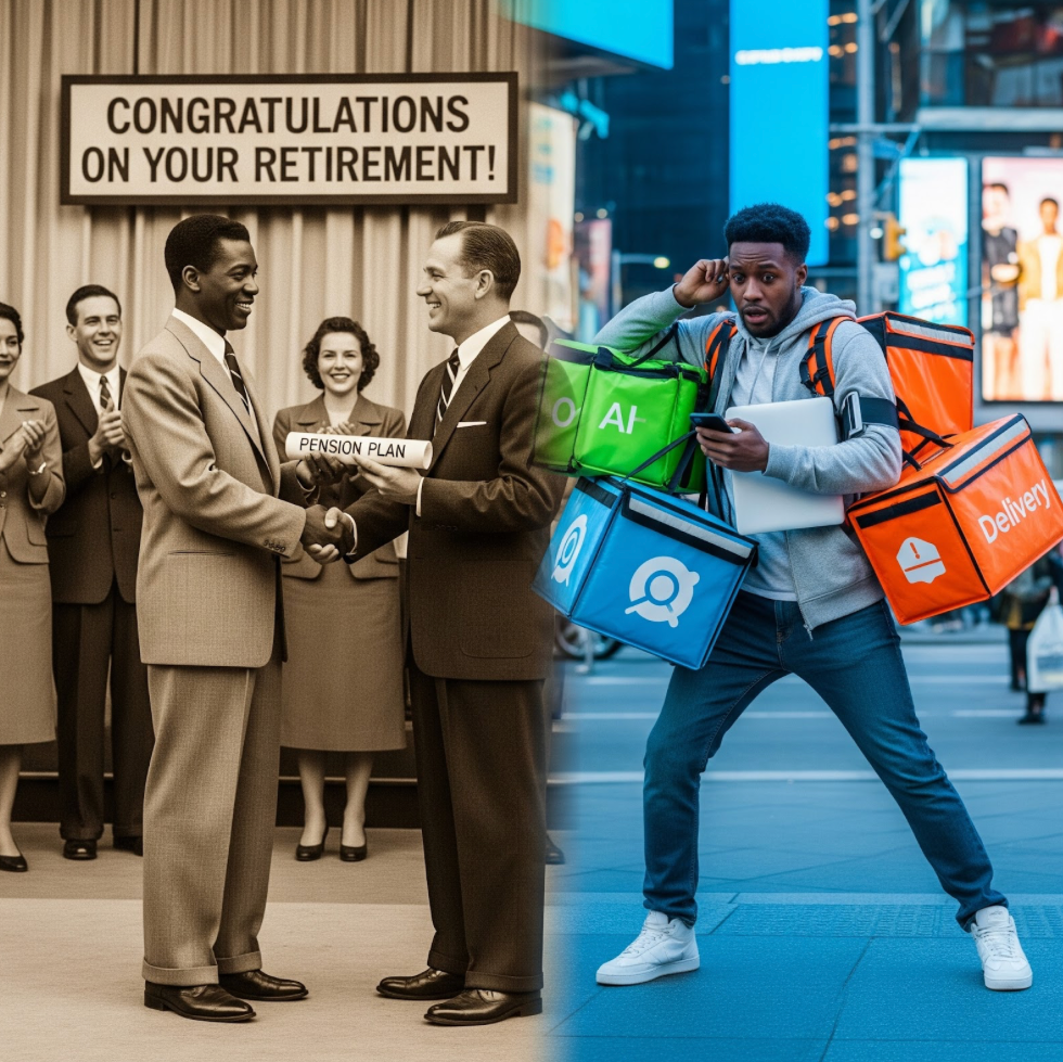 Contrast of an older loyal employee retiring with a pension versus a young gig worker hustling between short-term jobs, illustrating the shift from long-term loyalty to gig economy work.