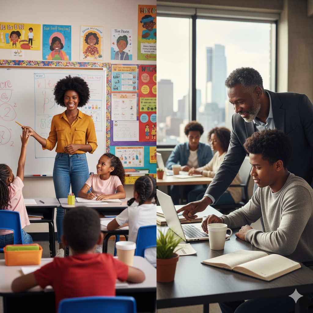 Engaged Black teacher in a Jersey City classroom side-by-side with a mentor guiding a young professional, highlighting cross-generational support for employee engagement.