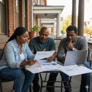 Newark family reviewing bills at home, reflecting on Newark budget tax concerns.