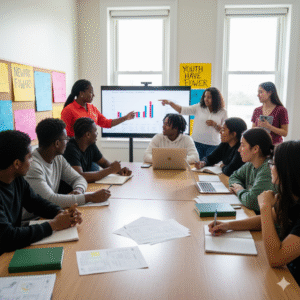 Newark youth discussing the Newark budget and its impact on the community