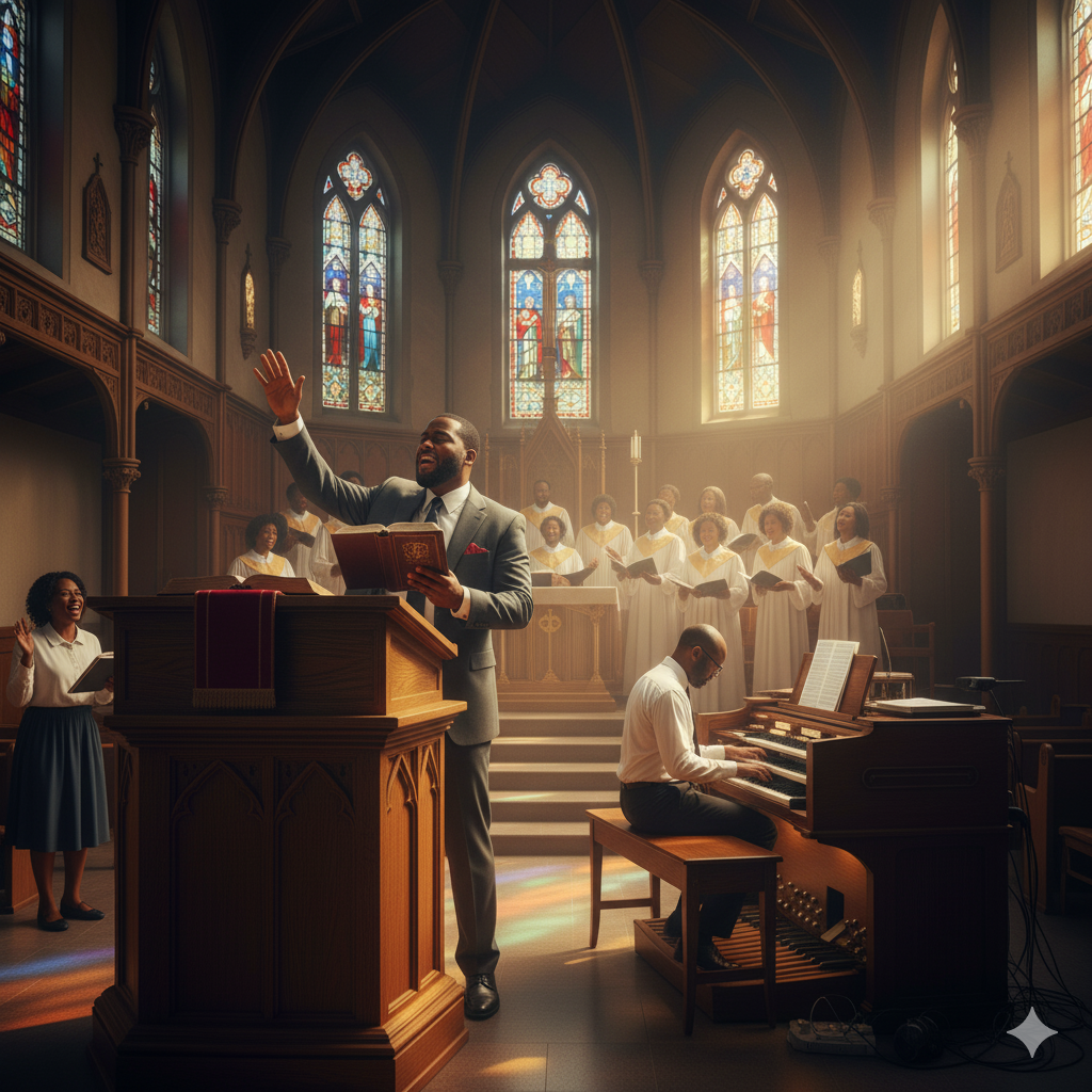 Pastor preaching to congregation in church