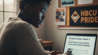government shutdown youth perspective. Black youth reading computer screen article on shutdown.