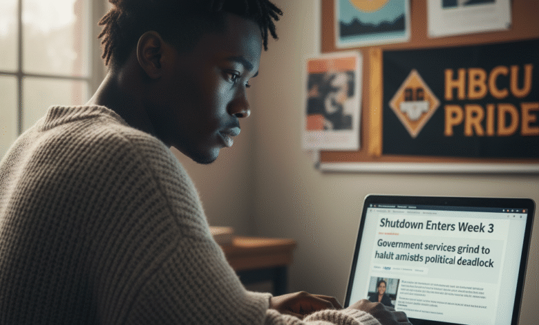 government shutdown youth perspective. Black youth reading computer screen article on shutdown.